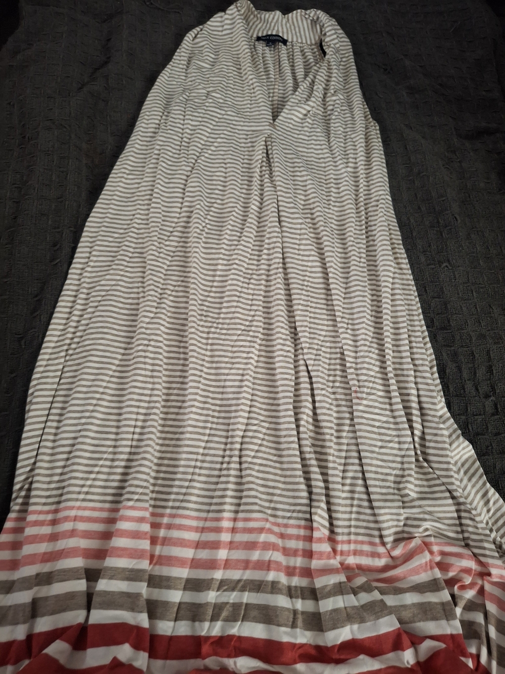 Max Edition Gray and White Striped Maxi Skirt with Pink and Red Hem